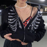 LLYGE Rhinestone Skeleton Zip Up Oversized Sweatshirts 2022 Summer Goth Hoodies Women Grunge Hooded Jacket Streetwear Retro Clothe