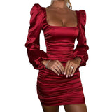 Llyge 2023  Backless Ruched Bodycon Dress Women Spring 2023 Casual Square Collar Puff Sleeve Wine Red Dress Woman Party Mini Dresses