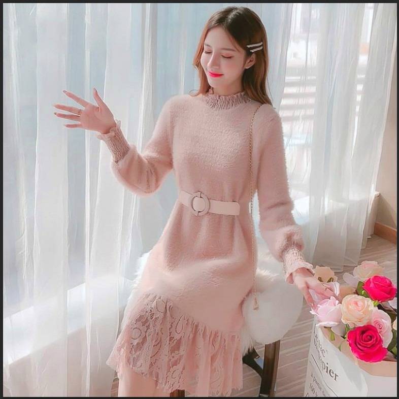 Llyge Lace Sweater Dress For Women Winter Knitted Woman  Aesthetic Aesthetic Long Casual Elegant Korean Fashion Loose Robe Dresses