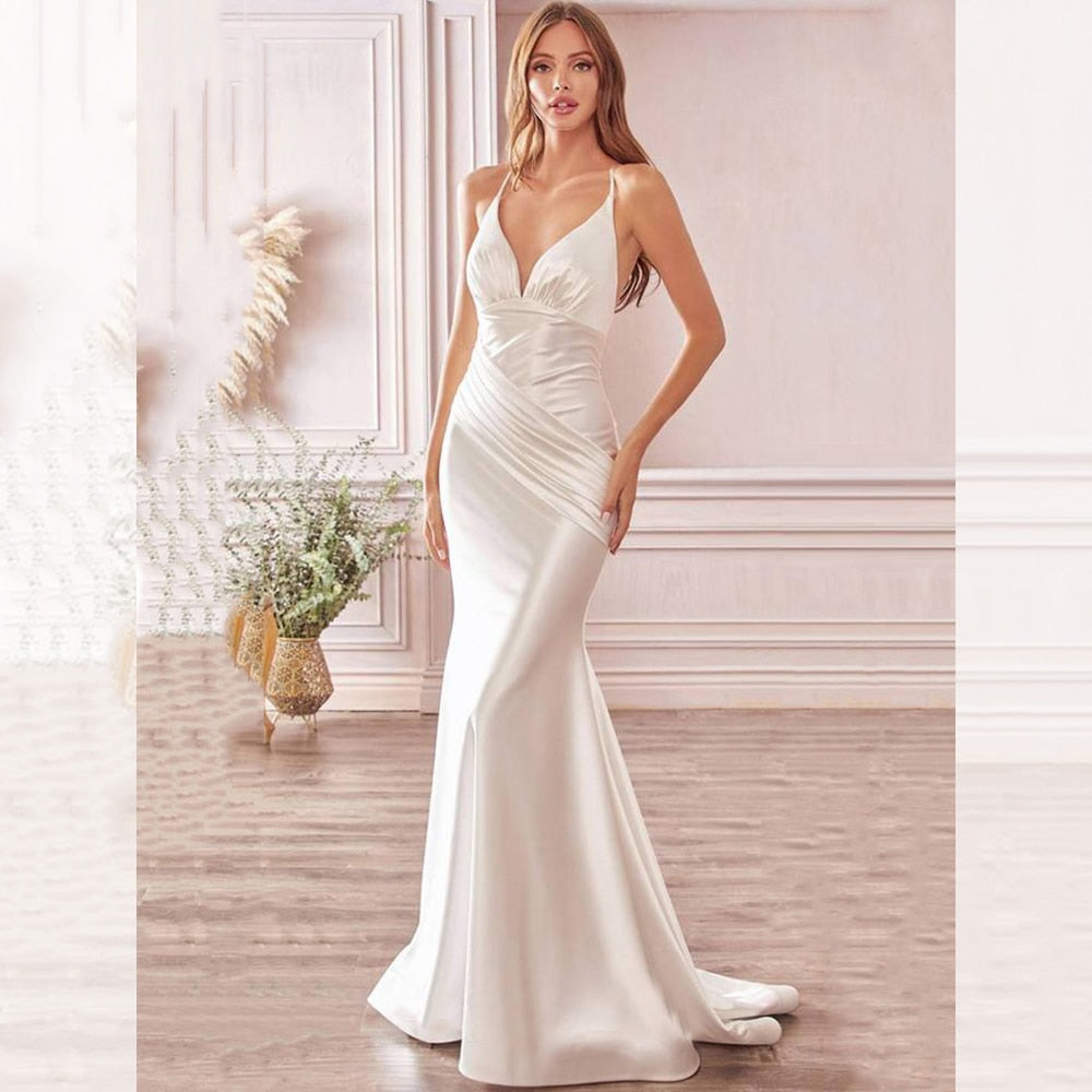 Graduation Prom Llyge  White Backless Wedding Evening Dress Elegant Low Cut Spaghetti Strap Stretchy Satin Maxi Mermaid Celebrity Summer