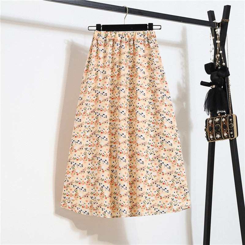 Llyge Fashion Women Skirt Hight Waist Vintage Print Floral Loose A Line Casual Korean Street Wear Female Clothes Summer New