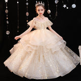 Llyge 2023 Champagne Puffy Flower Girl Dress for Wedding Sparkly Half Turtleneck Applique Holy Communion Dress Floor Length Princess Gowns