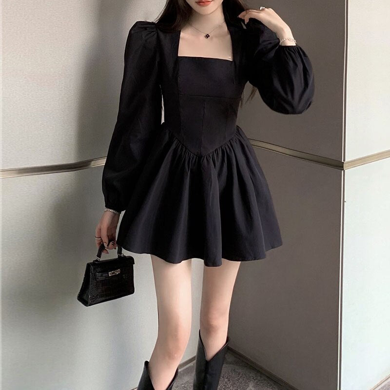 Llyge  2023  French Vintage Women Square Collar Puff Sleeve Black Dress 2023 Female Temperament Fashion Ball Gown Long Sleeve Office Dresses
