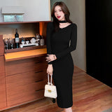 Llyge  2023 Vestidos Women Korean Fashion Halter Slash neck knitting Dress  Autumn Winter New  Long Sleeve temperament Office Dress