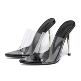 LLYGE New Summer Women Pumps Transparent PVC Slippers Women Pointed Toe Metal High Heels Sandals Ladies Mules Shoes Size 41 42