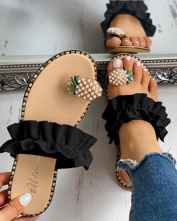 Llyge 2023 New Designer Women Slippers Pineapple Pearl Flat Bohemian Casual Beach Sandals Ladies Shoes Black Slippers