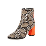 Llyge Color Brown Gray Women Ankle Boots Snake Print Fashion Pointed Toe Thick High Heel Ladies Short Boots Autumn Winter Lady Shoes