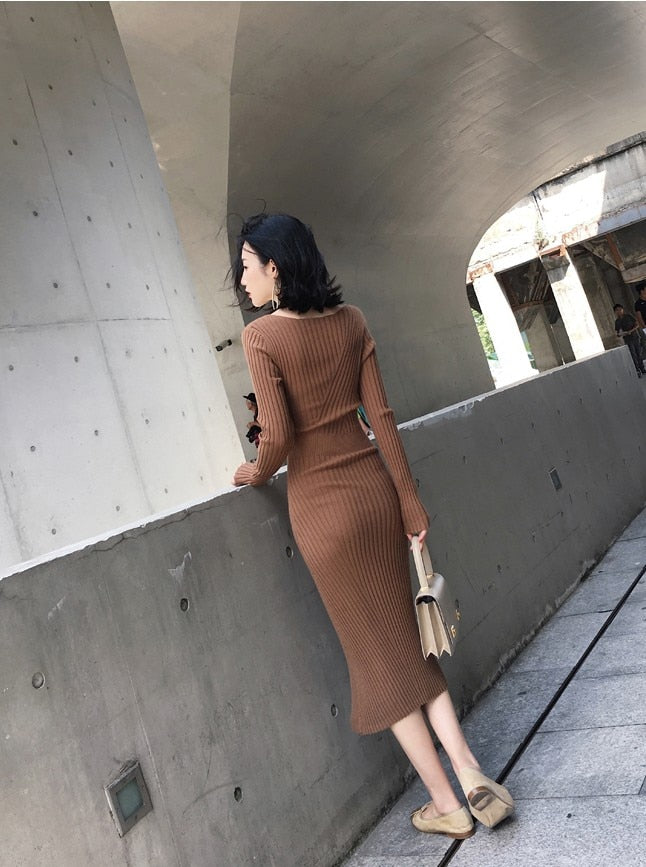 Llyge V-Neck Slim Mid-Length Aesthetic Korean Sweater Dress For Women Winter Dresses Vintage Fashion  Casual Knitted Bodycon Woman