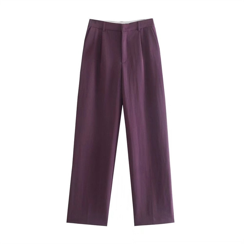LLYGE Woman Elegant Purple Double Breasted Blazer Suit 2023 Autumn Female High Waisted Straight Pants Suits Ladies Loose 2 Pcs Sets