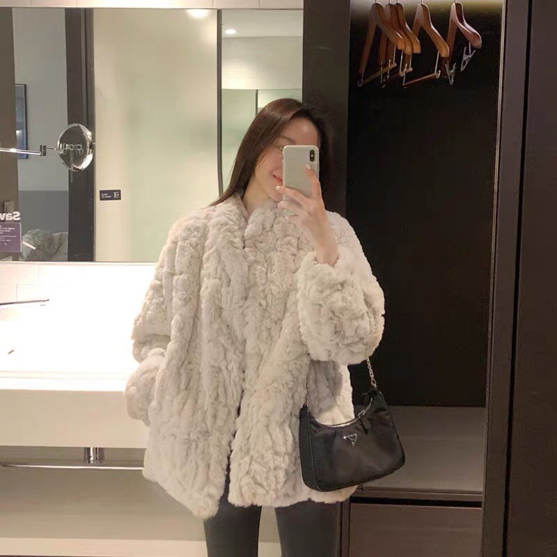 Llyge Korea Chic Lamb Wool Coat Mid-Length Thick Loose Rabbit Fur Plush Fur Coat Stylis Causal Oversized Coat Women