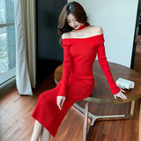 Llyge  2023 Vestidos Women Korean Fashion Halter Slash neck knitting Dress  Autumn Winter New  Long Sleeve temperament Office Dress