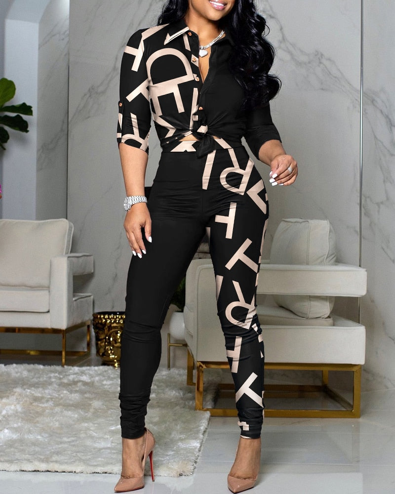 Llyge  2022 New Pre-Fall Women Letter Print Colorblock Knot Front Buttoned Top & High Waist Pants Set Autumn Two Piece Suits Outfits