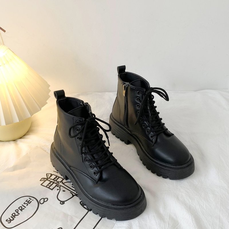 Llyge Women Boots Leather Platform Boots Black Ankle Boots Lace Up Ladies Motorcycle Boots Thick Heel Platform Heels Footwear