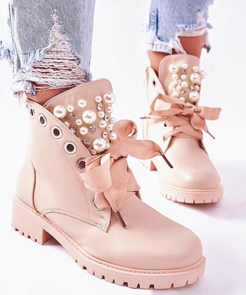 Llyge Women Ankle Boots 2023 Autumn PU Leather Lace Up Motorcycle Boots Pearl Decor Casual Shoes Round Toe Lady Bootie Female Footwear