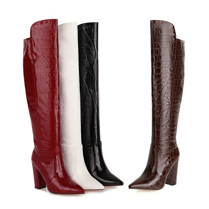Llyge Black Brown Wine Red White Women Over The Knee Boots Patent PU Leather Women Winter Shoes Fashion Pointed Toe Square Heel Shoes