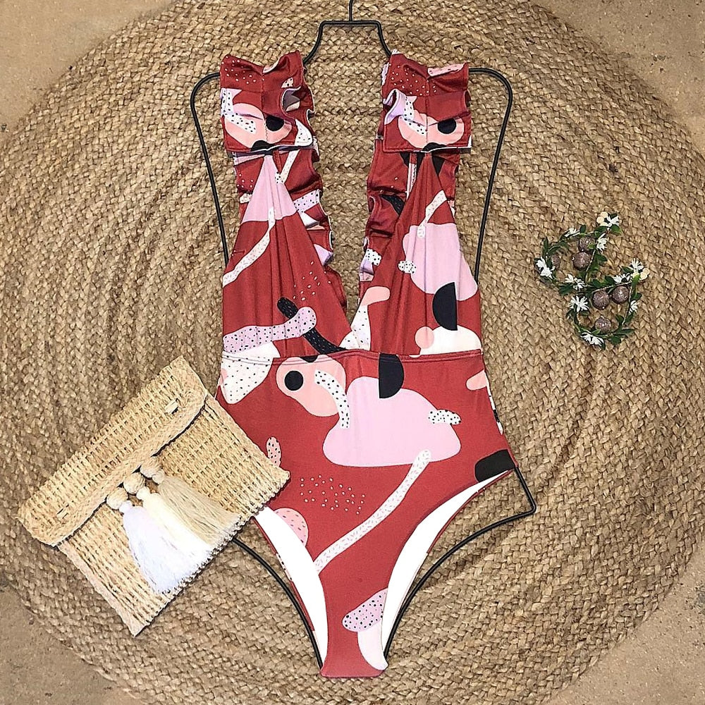 Llyge 2023 New  Ruffle Print Floral One Piece Swimwear Women Backless Swimsuit Deep-V female Summer Bathing Suit Beach Wear
