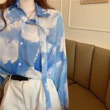 Llyge BF Rendering Blouse Women Korean Harajuku Loose Blue Sky White Clouds Tie-Dye Gradient Blouse Oversize Shirt Long Sleeve Shirt