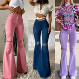 LLYGE New Women Denim Flared Pants High-waisted Button Holes Ripped Bodycon Bell-Bottoms Trousers Solid Tight Summer Clothing