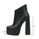 Llyge 2023 New  Women Ankle Boots Platform Super Thick High Heel Ladies Short Boots PU Leather Square Toe Zipper Women's Boots