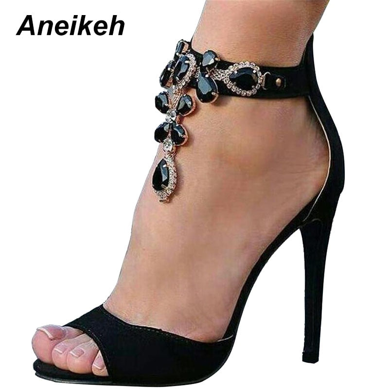 Graduation Gift Llyge Black Crystal Women Embellished Suede Leather High Heel Sandals  Peep Toe Ankle Strap Rhinestones Gladiator Shoes