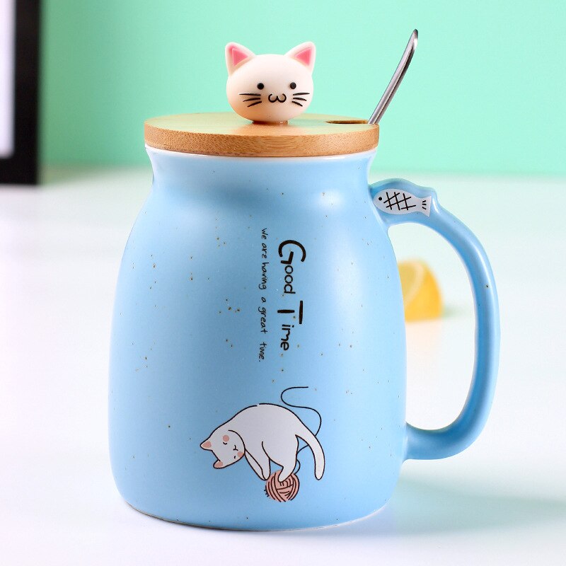 Llyge  2023  Cute 450ml Cat Mug With Lid and Spoon Porcelain Coffee Milk Tea Mugs Cafe Cup Drinkware Kids Lady Gifts