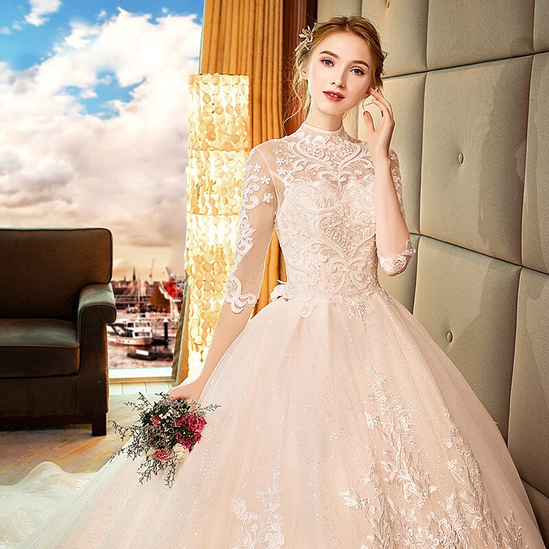 Llyge 2023  Backless Half Sleeve Lace Wedding Dress White Champagne Tiered Long Dress for Wedding Vestido de Novia