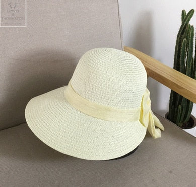 LLYGE Lady New Bowknot Straw Hat Adult Summer Sunscreen Leisure Cap Wide Brim Students Fresh Raffia Shading Sun Cap Foldable