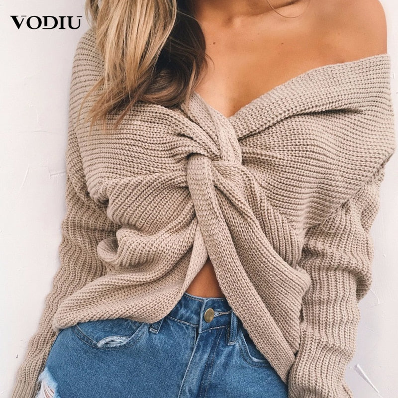 Llyge 2023  Korean  Sweater  Winter Female Knitted Pullover Solid Tie Jumper Long Sleeve V-Neck Plus Size 2XL Autumn Women Clothing