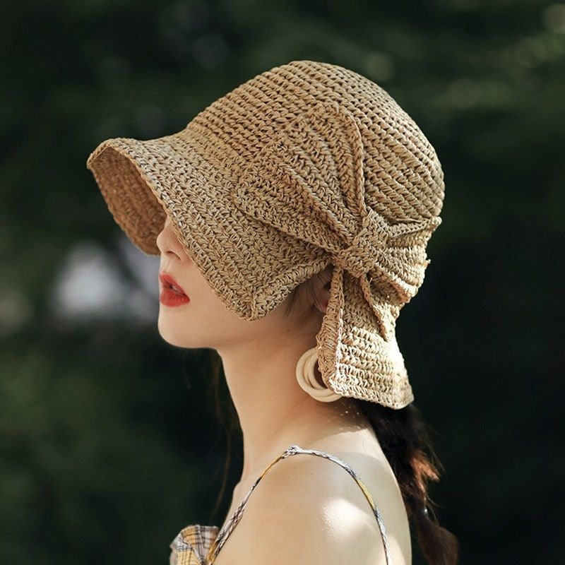 Parent-child 100%Raffia Bow Sun Hat Wide Brim Floppy Summer Hats For Women Beach Panama Straw Dome Bucket Hat Femme Shade Hat