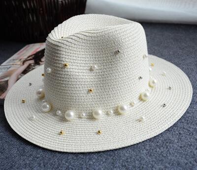 New Spring Summer Hats For Women Flower Beads Wide Brimmed Jazz Panama Hat Sun Visor Beach Hat Flower Pearl rivet Straw Hat