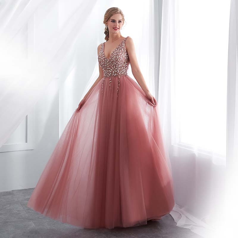 Beading Evening Dress 2023 V-Neck Pink High Split Tulle Sweep Train Sleeveless Prom Gown A-line Lace Up Backless Vestido De