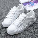 Llyge Shoes Woman New Fashion Casual Platform Striped PU Leather Classic Cotton Women Casual Lace-up White Winter Shoes Sneakers