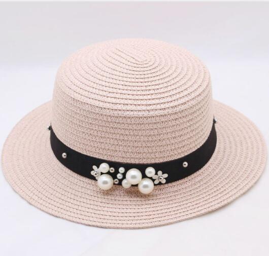 New Spring Summer Hats For Women Flower Beads Wide Brimmed Jazz Panama Hat Sun Visor Beach Hat Flower Pearl rivet Straw Hat