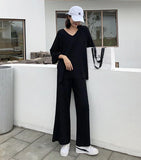 Knitting Female Sweater Pantsuit For Women Two Piece Set Pullover V-Neck Long Sleeve Bandage Top Wide Leg Pants  Suit
