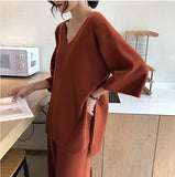 Knitting Female Sweater Pantsuit For Women Two Piece Set Pullover V-Neck Long Sleeve Bandage Top Wide Leg Pants  Suit