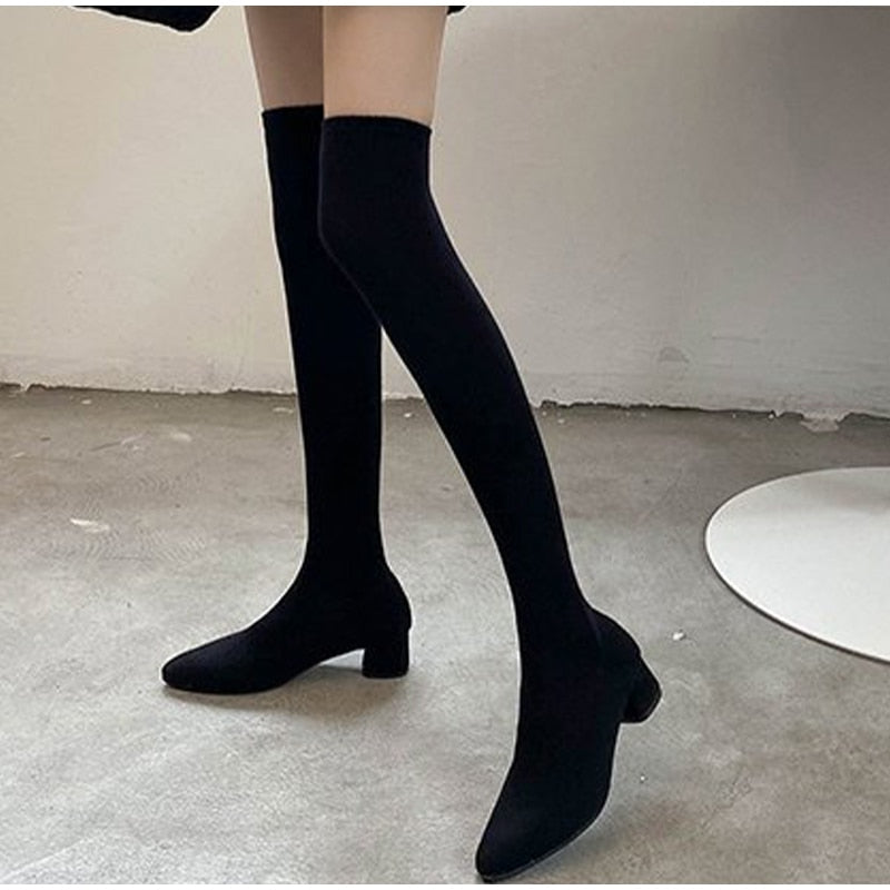 Llyge Christmas Gift Women Long Boots Stretch Knitting Sock Shoes Autumn Ladies Over The Knee Boots Thick Heels Zipper Platform Female High Boots New
