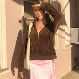 Llyge 90S Y2K Hoodies Brown Oversized Velvet Zipper Front Long Sleeve Sweatshirts Wth Pockets Hooded Women Clothing