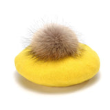 LLYGE 100% Real Raccoon Fur Pompom Beret Hat For Women Vintage Artist Wool Berets Lady Fashion Elegant Pom Pom Painter Hat