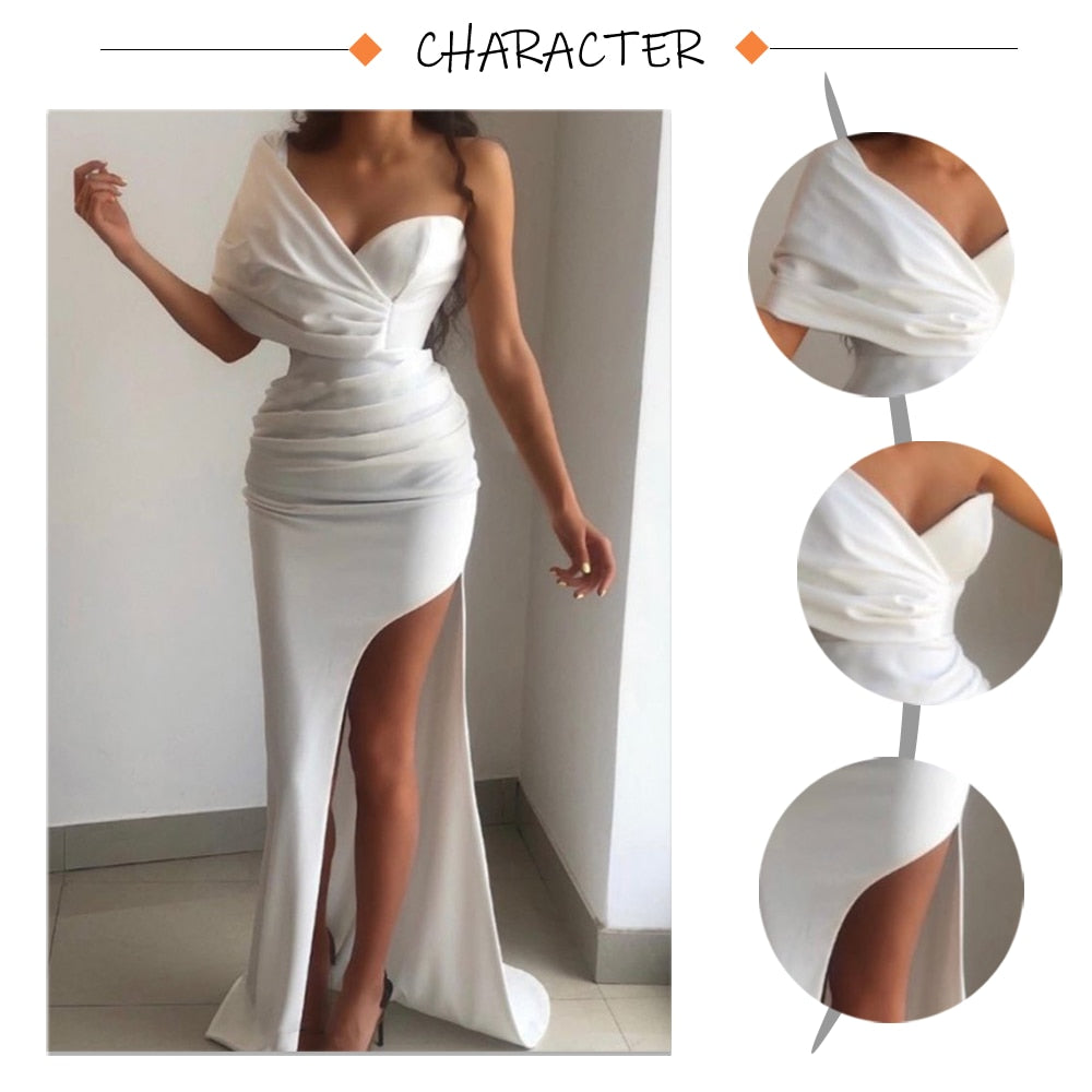 Graduation Prom Llyge 2022 Spring Women Stretch Satin One Shoulder Ruched Maxi Dress With Padded Open Back Slit Formal Gown Party Dress MM-3073