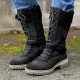 Llyge Fashion Brand Winter Mid Calf Boots Women Round Toe Square High Heel Snow Boots Lace Up String Warm Shoes 2023 New