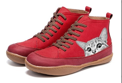 Llyge New Autumn And Winter  Retro Warm  Booties Women Comfy Cartoon Cats Print Suede Buckle Casual Flat Ankle Boots Mujer Botas