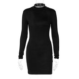 LLYGE  Backless Long Sleeve Bodycon Dress Women Elegant High Neck Party Evening Hollow Out Short Mini Dresses Christmas Clothes