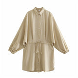 Woman Casual Camel Loose Plaid Shirt Short Dress 2023 Spring Female Oversized Cotton Linen Dresses Ladies Drawstring Dress