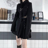 Llyge Black Pleated Skirt Women Print Pattern High Waist Slim Belt A Line Skirt Street Girl Gothic Style Plus Size Fashion New