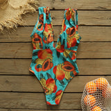 Llyge 2023 Tropical Printed Deep V-Neck Swimsuit Push Up One Piece Swimsuit Beach Wear Vintage Retro Monokini Beach Wear Swim Suit
