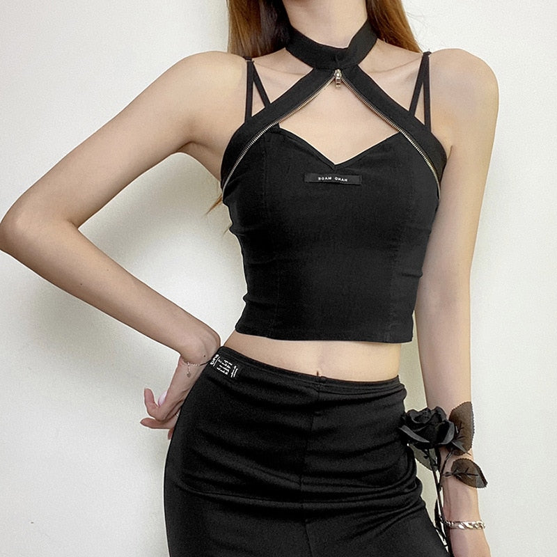 Llyge  Graduation party  Gothic Halter Black Camis Harajuku Sleeveless Zipper Crop Tops Women Punk Style Backless Hollow Out Tank Top
