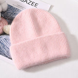 LLYGE Winter Real Rabbit Fur Knitted Beanies For Women Fashion Solid Warm Cashmere Wool Skullies Beanies Female Three Fold Thick Hats