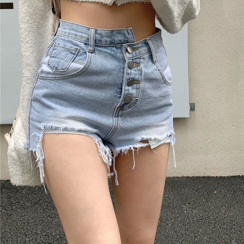 Llyge  Retro Casual Jeans Shorts Bottom Chic Ripped Irregular High Waist Hole Denim Shorts Girl Fashion  Hot Jeans Women