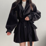 llyge 2023 Autumn Winter Fashion Wool Coat Women's Loose Shirt New Lapel Waist Coat Casual Lantern Sleeve Pure Color Female Jacket