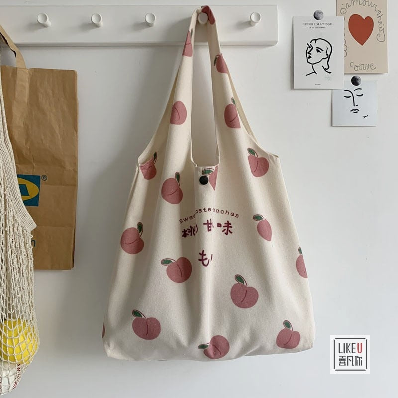Llyge  2023  Fashion Canvas Tote Bag Purses and Handbags for Women Shopper Cute Designer Shoulder Bag Japanese Style Peach Print Eco Ba